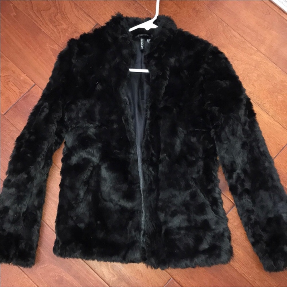 Black fur fuzzy (faux) coat